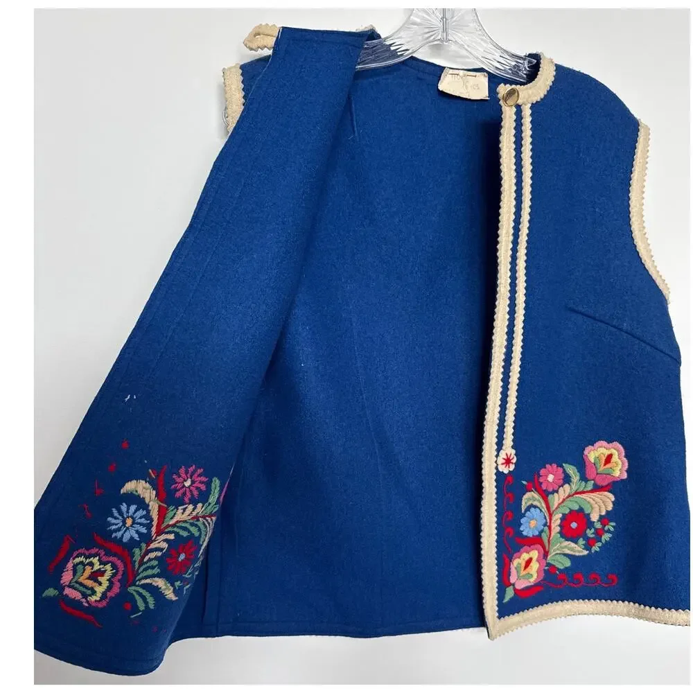 Vintage 70's Hungarian Folk Wool Vest Blue Embroidered Floral Trimmed medium
